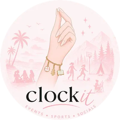The Clock It emblem: a hand wearing a charm bracelet, with charms for sport, the outdoors and reading